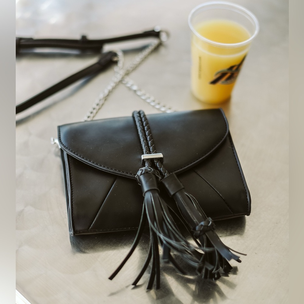 Elegant Black Tassel Crossbody Bag and cheetah scarf